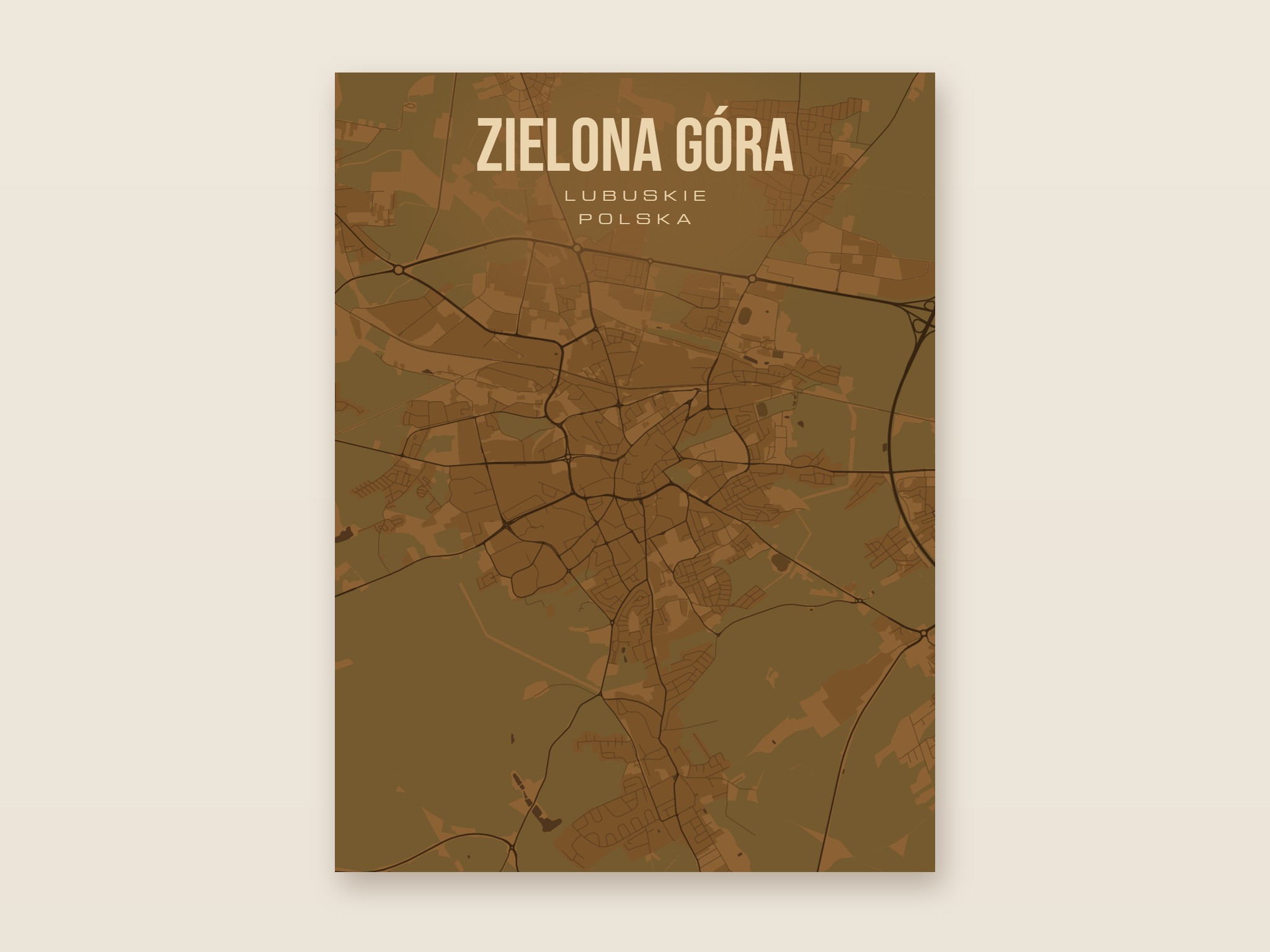 Plakat z mapą - Zielona Góra, brązowy styl, bez ramy