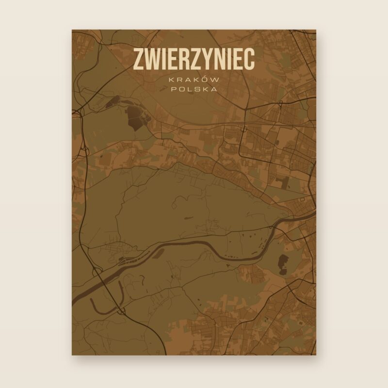 Plakat z mapą - Zwierzyniec (Kraków), brązowy styl, bez ramy