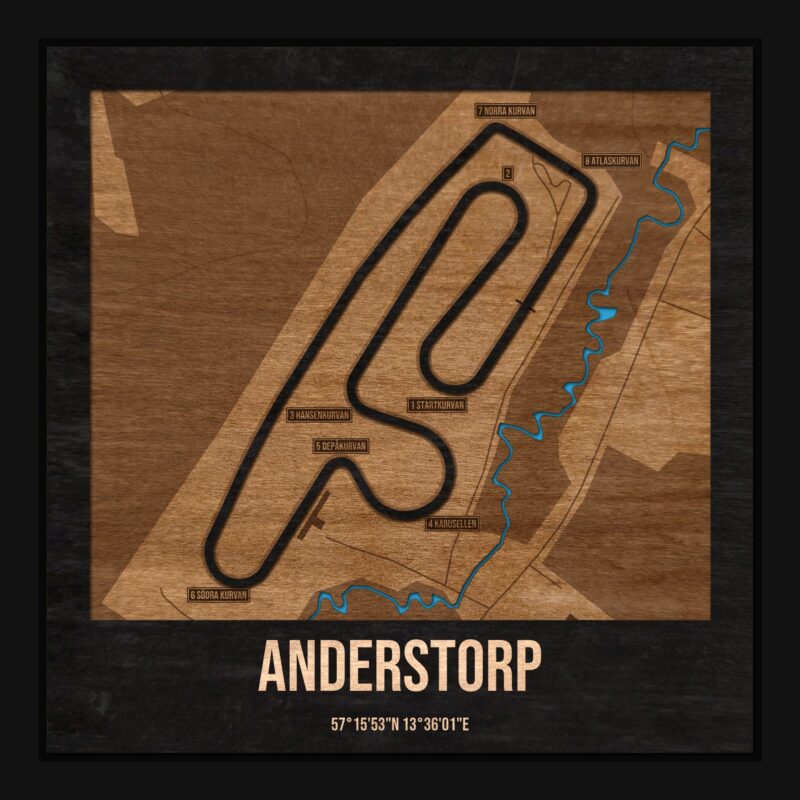 Tor Anderstorp w ramce 25×25: drewniana mapa toru z podpisanymi zakrętami