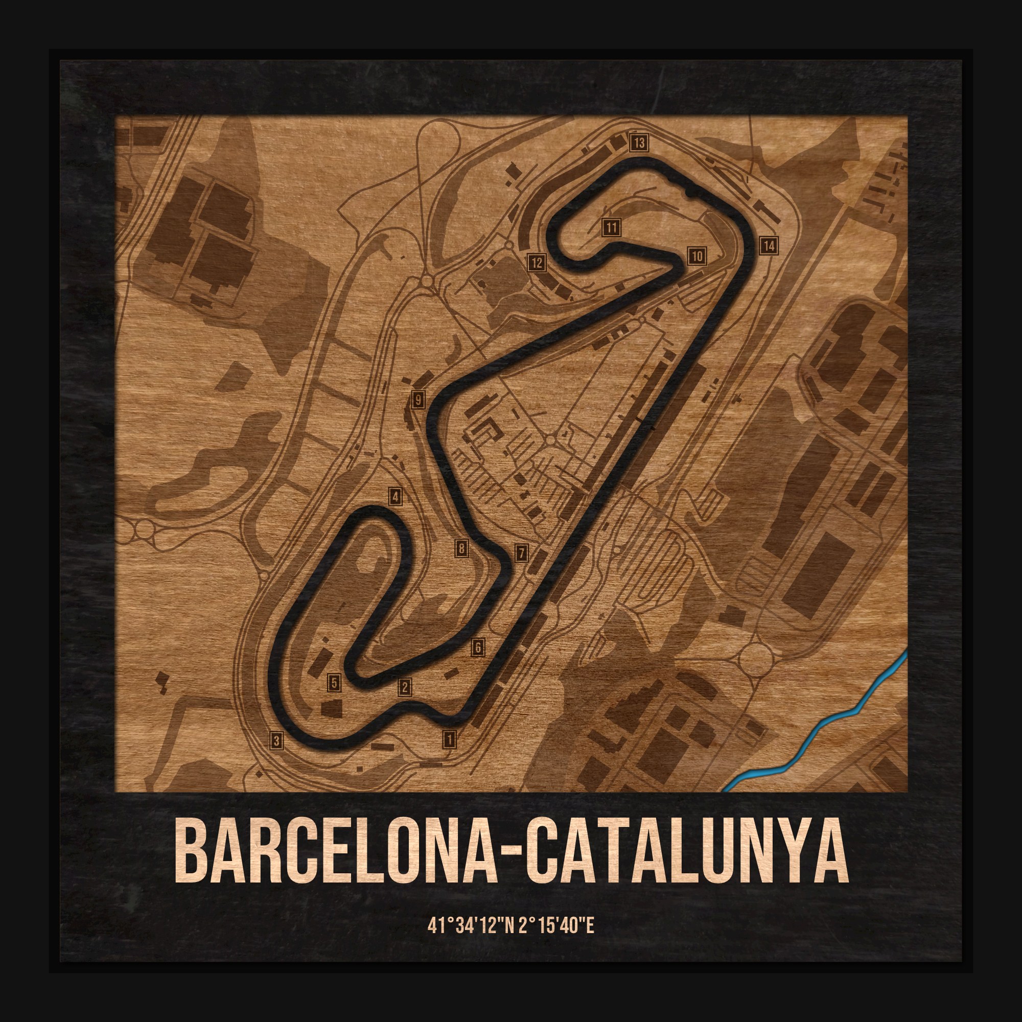 Tor Barcelona w ramce 25×25: drewniana mapa toru z podpisanymi zakrętami