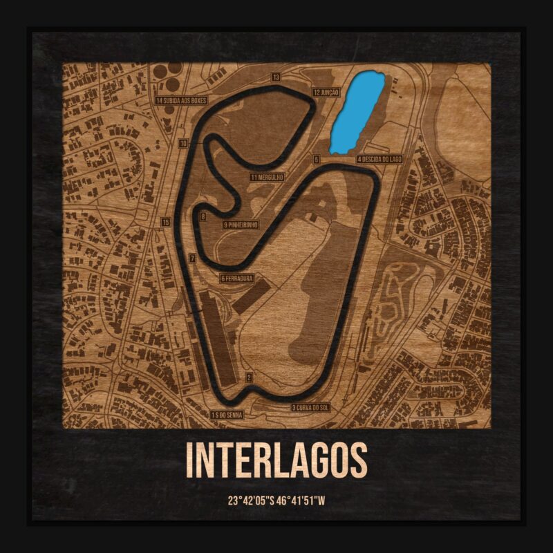 Tor Interlagos w ramce 25×25: drewniana mapa toru z podpisanymi zakrętami