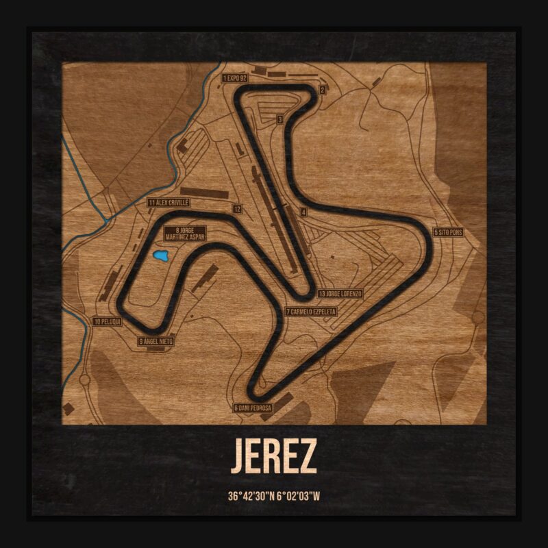 Tor Jerez w ramce 25×25: drewniana mapa toru z podpisanymi zakrętami