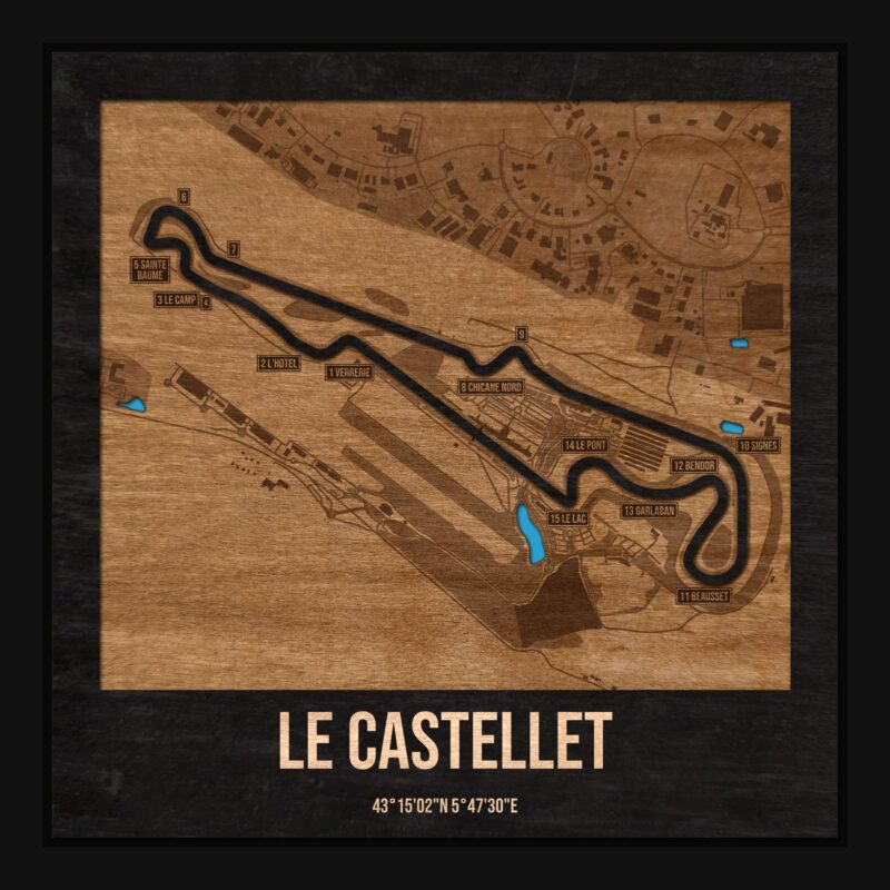 Tor Le Castellet w ramce 25×25: drewniana mapa toru z podpisanymi zakrętami