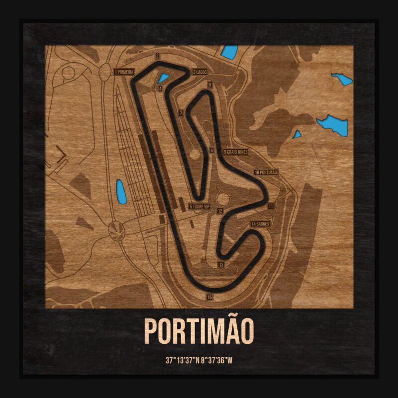 Tor Portimão w ramce 25×25: drewniana mapa toru z podpisanymi zakrętami
