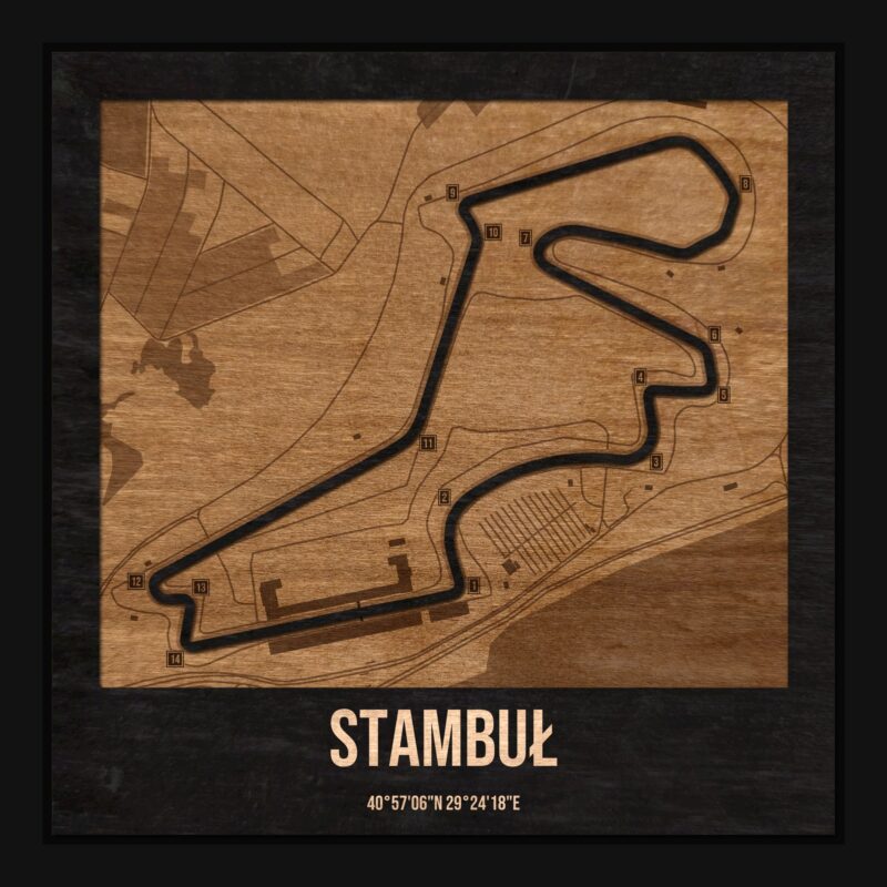 Tor Stambuł w ramce 25×25: drewniana mapa toru z podpisanymi zakrętami