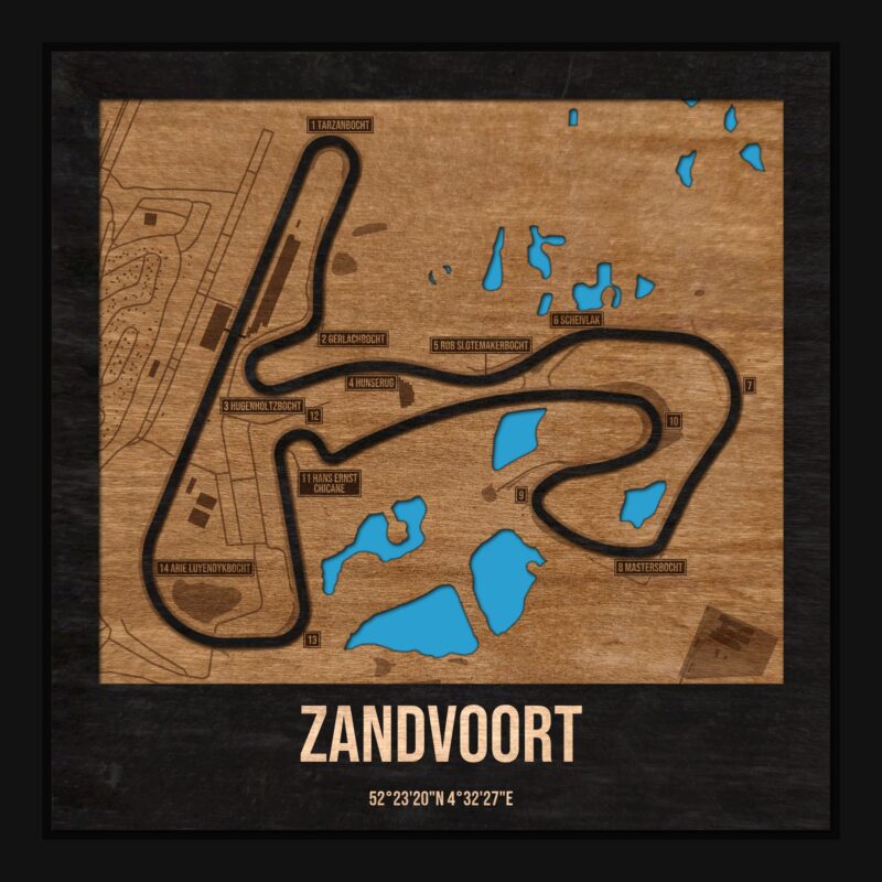 Tor Zandvoort w ramce 25×25: drewniana mapa toru z podpisanymi zakrętami